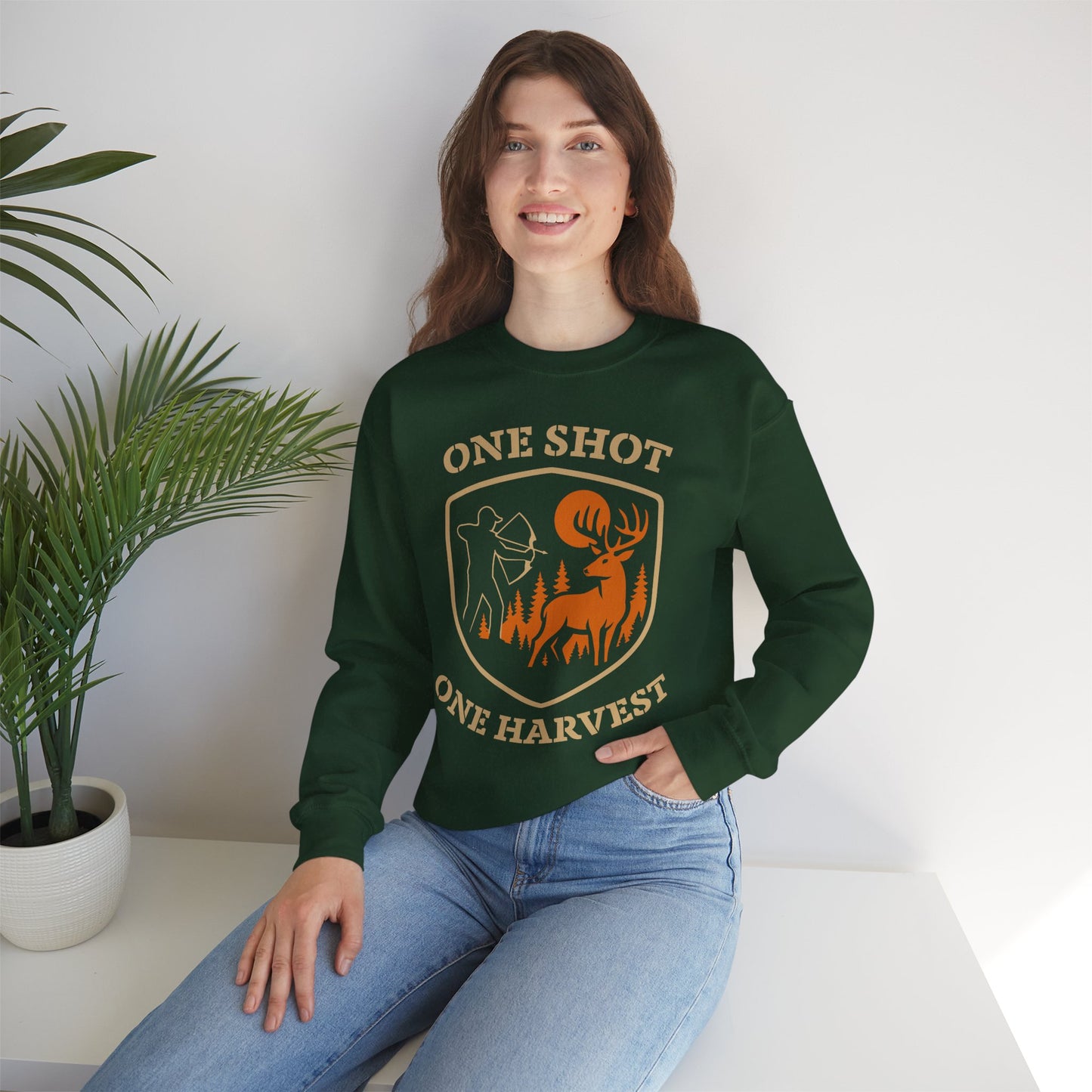 Outdoor Hunting Sweatshirt, Perfect for Hunters, One Shot One Harvest Gift, Cozy Fall Apparel, Classic Crewneck