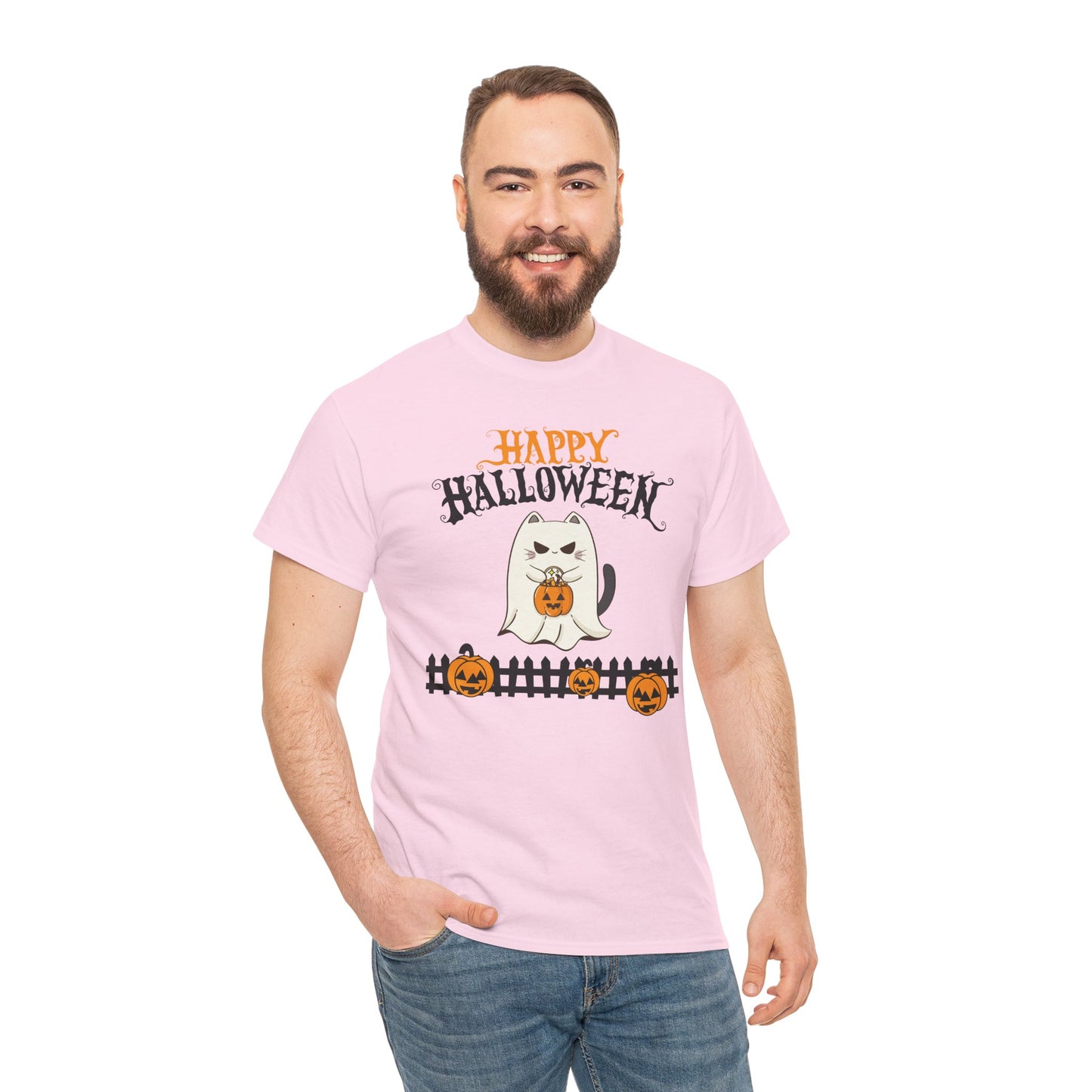 Halloween Cat Heavy Cotton Tee, Unisex, Spooky Fall Apparel, Cat Lover Shirt