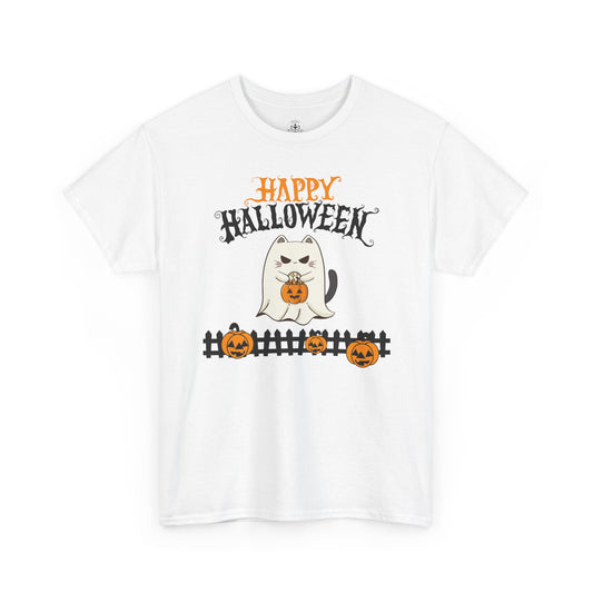 Halloween Cat Heavy Cotton Tee, Unisex, Spooky Fall Apparel, Cat Lover Shirt