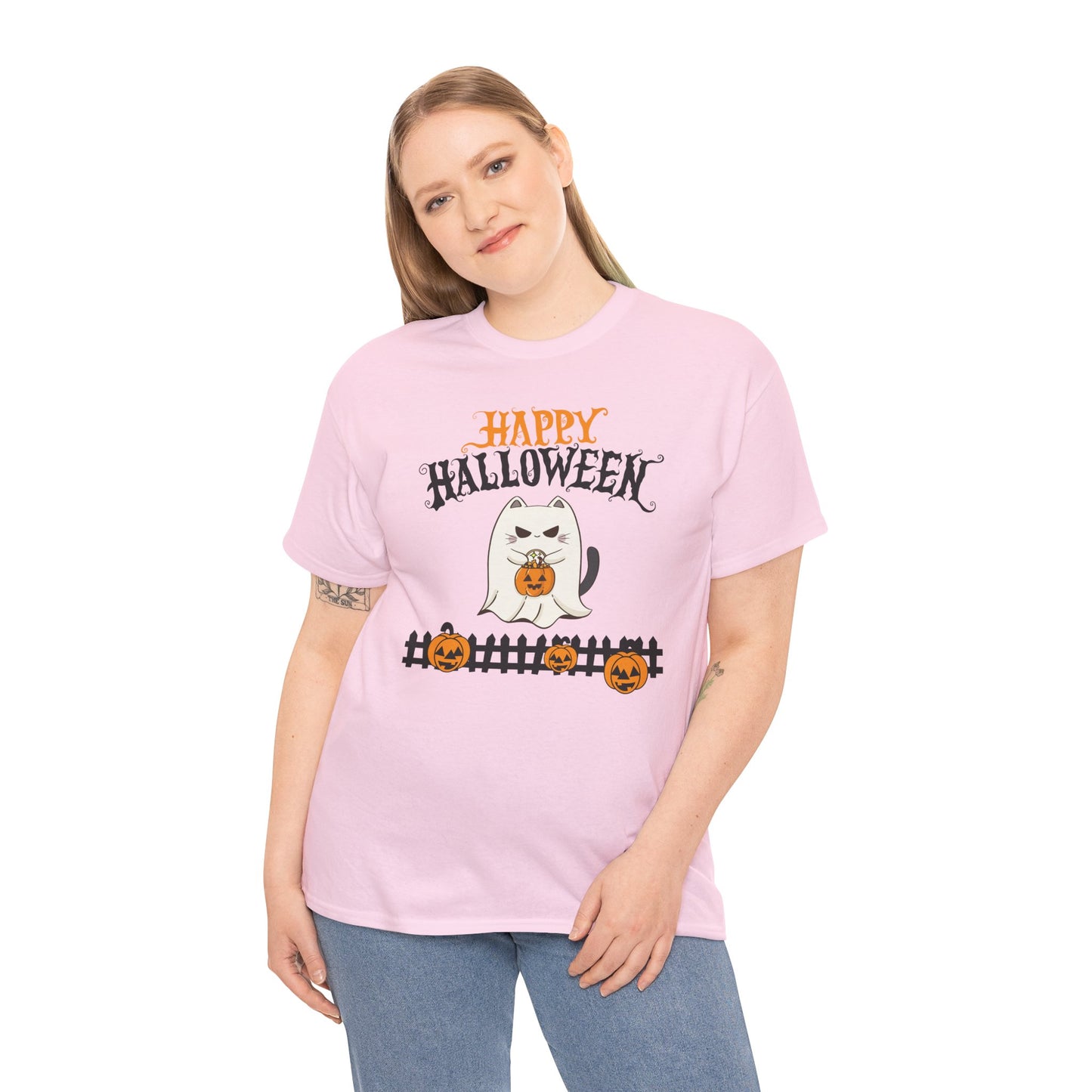 Halloween Cat Heavy Cotton Tee, Unisex, Spooky Fall Apparel, Cat Lover Shirt