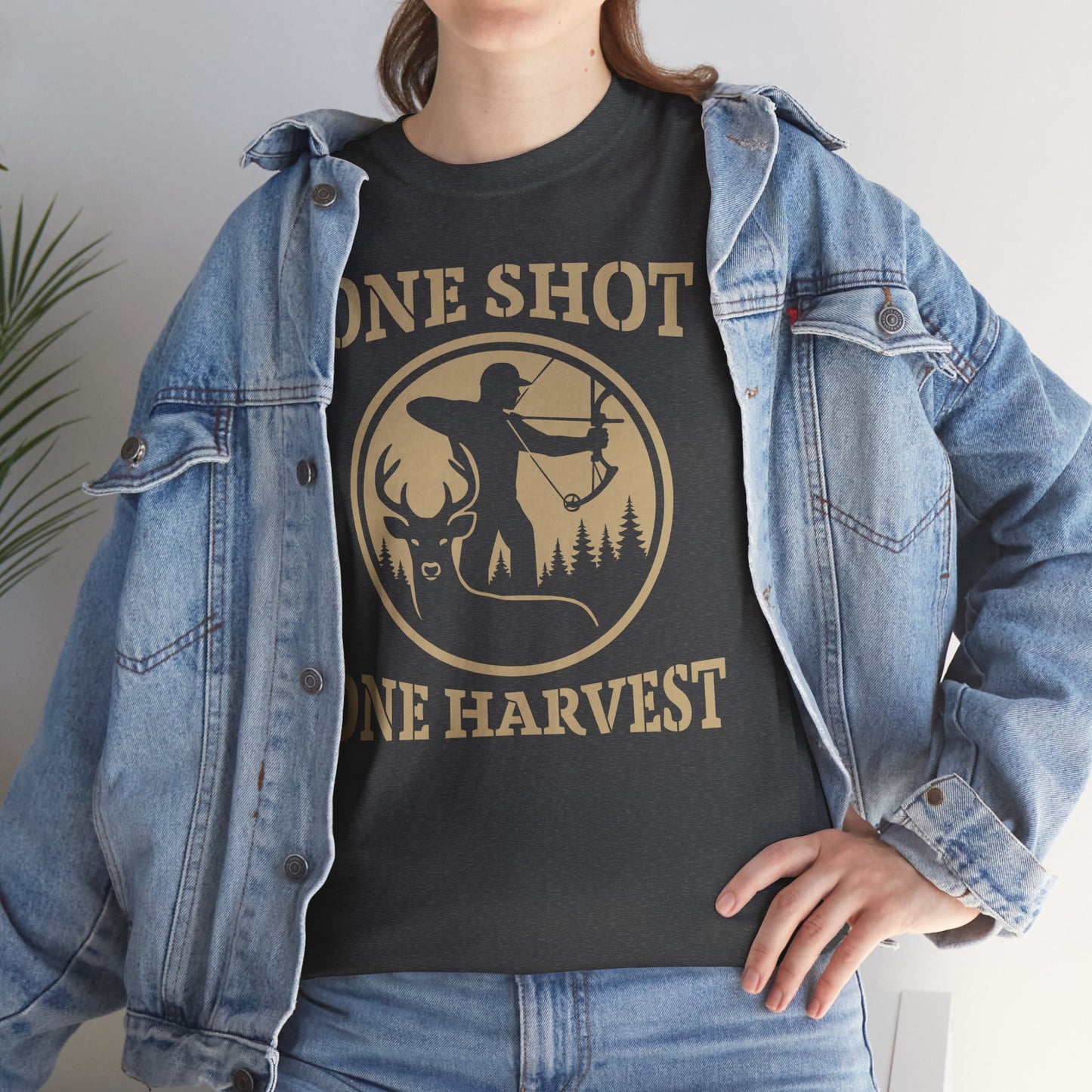 Hunting Tee, One Shot One Harvest Unisex Heavy Cotton Shirt, Outdoor Adventure Wear, Gift for Hunters, Camping Apparel, Fall Sportswear