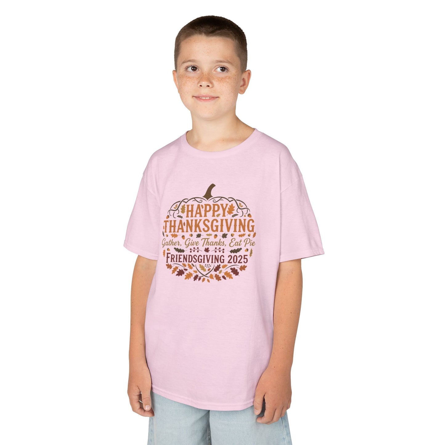 Happy Thanksgiving Friendsgiving 2025 Youth Unisex T-Shirt | Cute Thanksgiving Shirt, Fall Kids Clothing, Pumpkin Graphic Tee