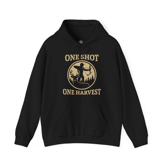 Hunting Themed Unisex Hoodie, Perfect for Bow Hunters, Fall Gatherings, Gifts, Cozy Layering, One Shot One Harvest Design