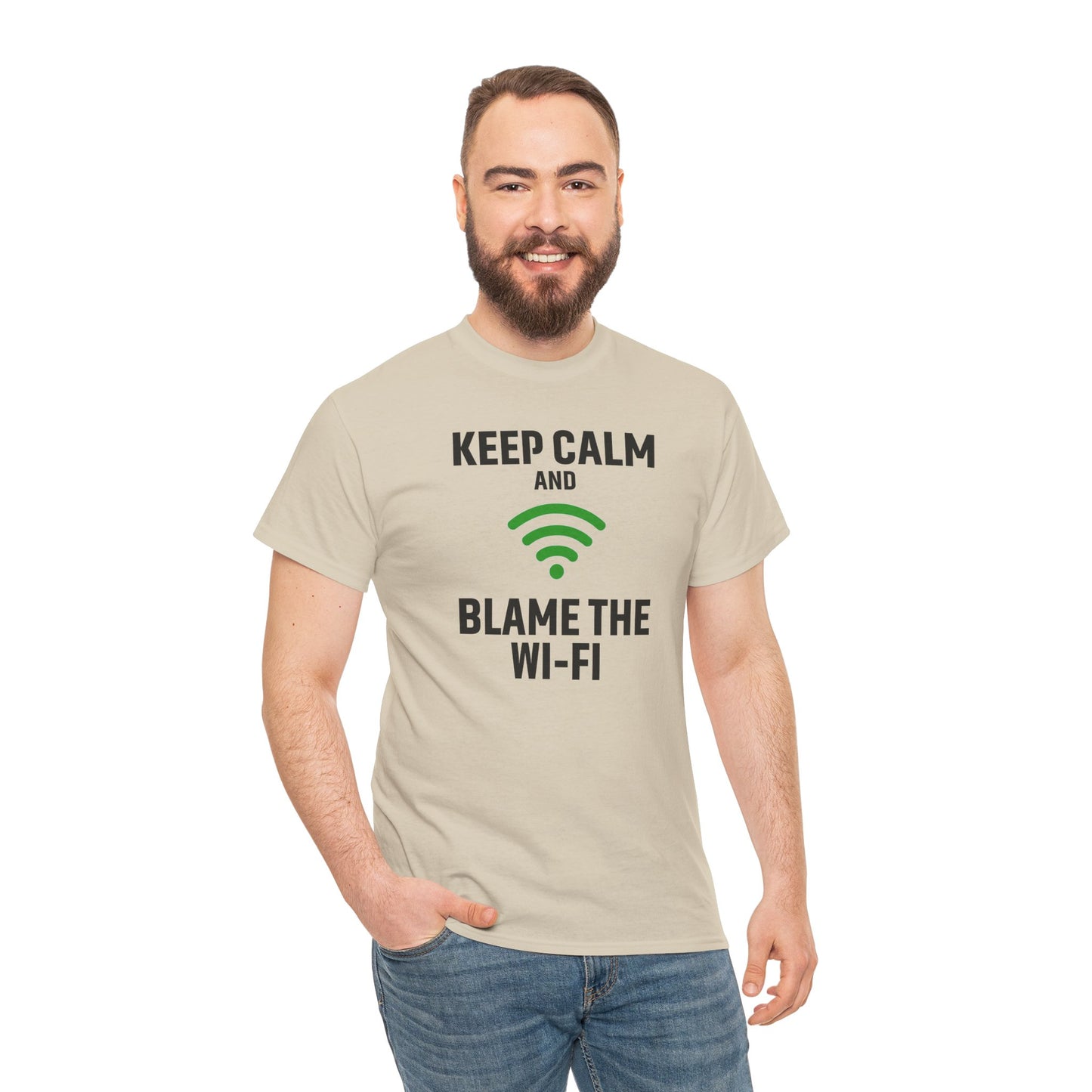 Keep Calm Blame the Wi-Fi Tee | Unisex Heavy Cotton Shirt for Tech Lovers, Funny Office Gift, Internet Humor Apparel, Casual Wear
