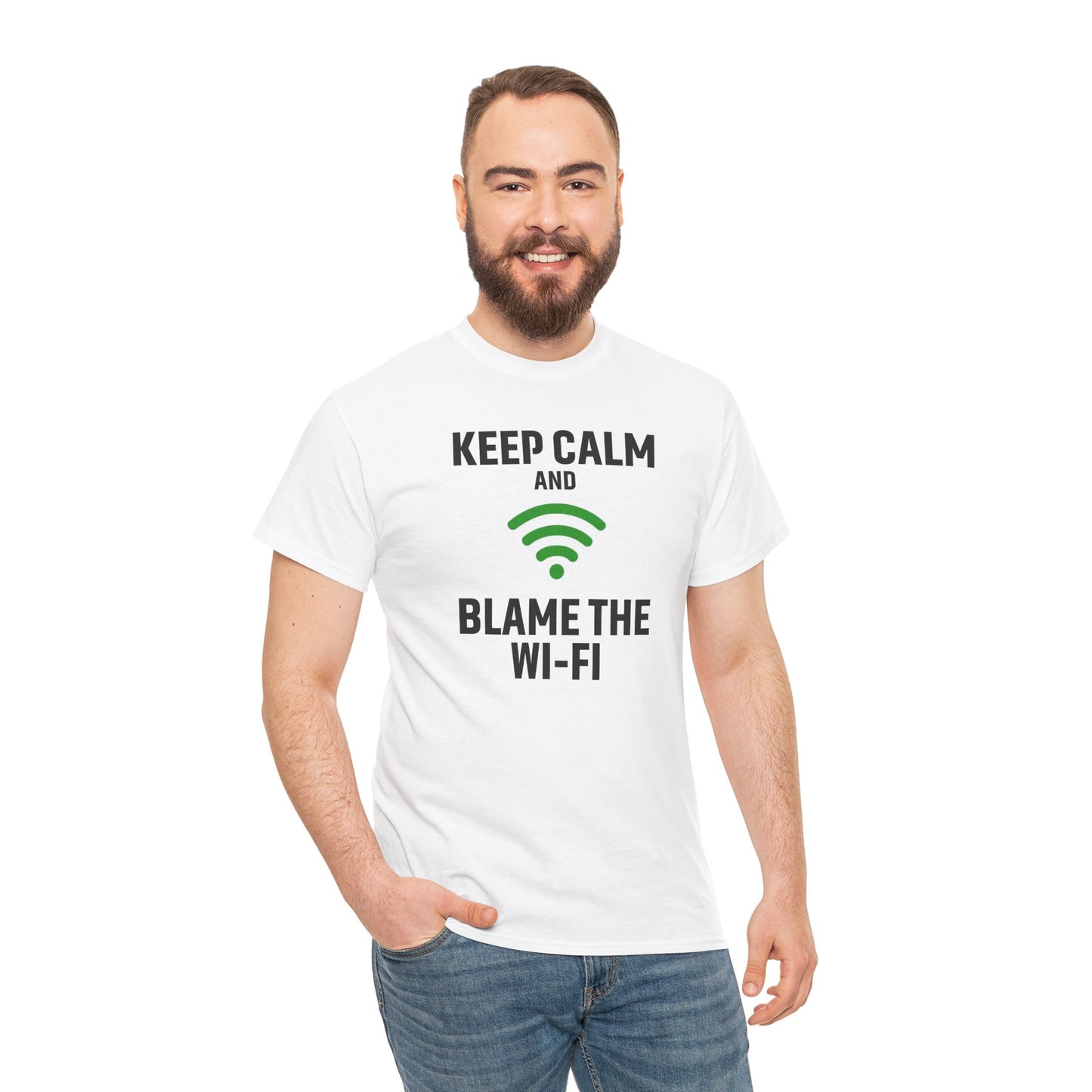 Keep Calm Blame the Wi-Fi Tee | Unisex Heavy Cotton Shirt for Tech Lovers, Funny Office Gift, Internet Humor Apparel, Casual Wear