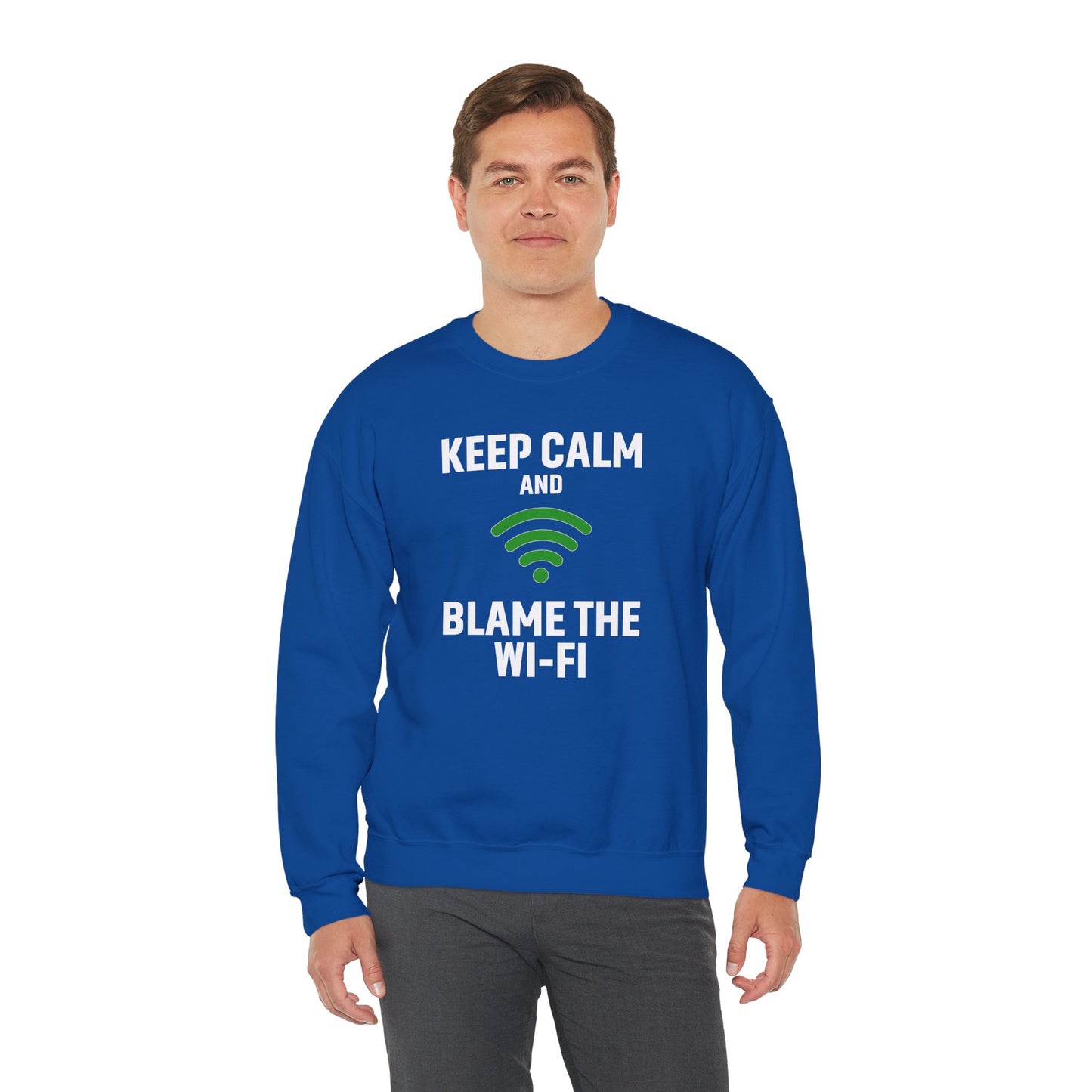 Keep Calm Blame the Wi-Fi Crewneck Sweatshirt | Funny Sweatshirt, Gift for Tech Lovers, Cozy Sweater for Home, Office Gift