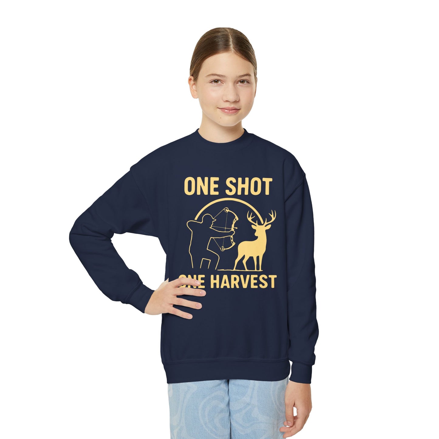 Youth Hunting Sweatshirt - One Shot One Harvest, Kids Outdoor Apparel, Fall Season Gift, Youth Crewneck Pullover, Birthday Gift