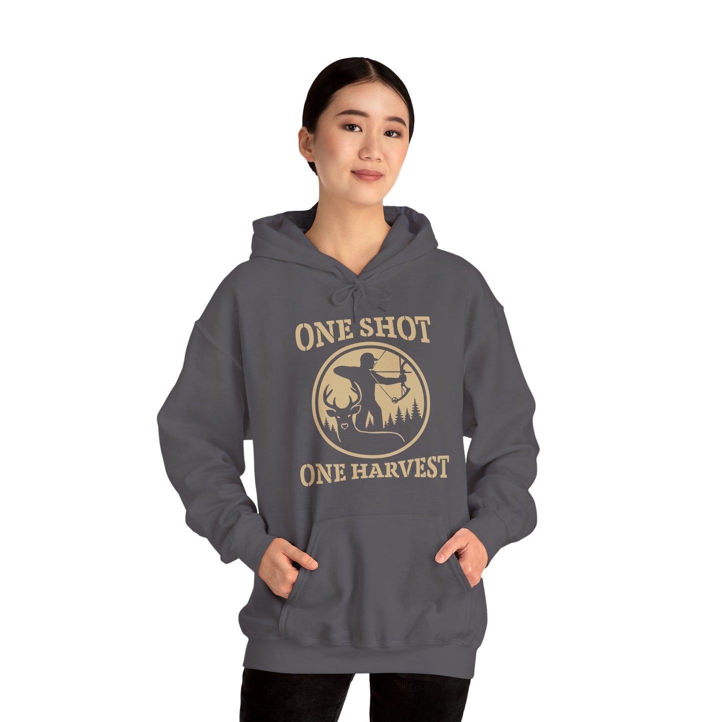 Hunting Themed Unisex Hoodie, Perfect for Bow Hunters, Fall Gatherings, Gifts, Cozy Layering, One Shot One Harvest Design