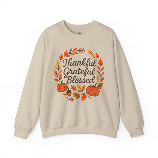 Thankful Grateful Blessed Sweatshirt, Cozy Fall Apparel, Thanksgiving Gift, Unisex Crewneck, Autumn Fashion