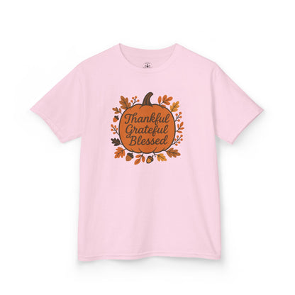 Thankful Grateful Blessed Kids Tee, Fall Shirt, Autumn Outfit, Thanksgiving Gift, Kids Cotton T-Shirt