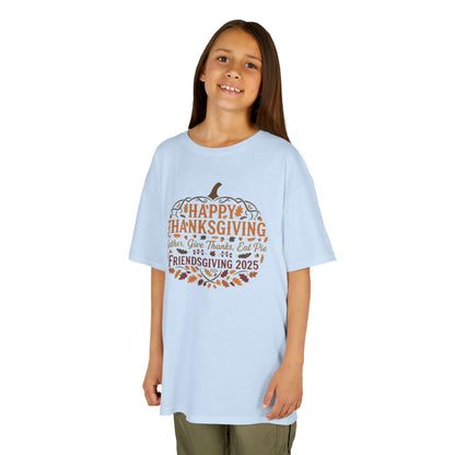 Happy Thanksgiving Friendsgiving 2025 Youth Unisex T-Shirt | Cute Thanksgiving Shirt, Fall Kids Clothing, Pumpkin Graphic Tee