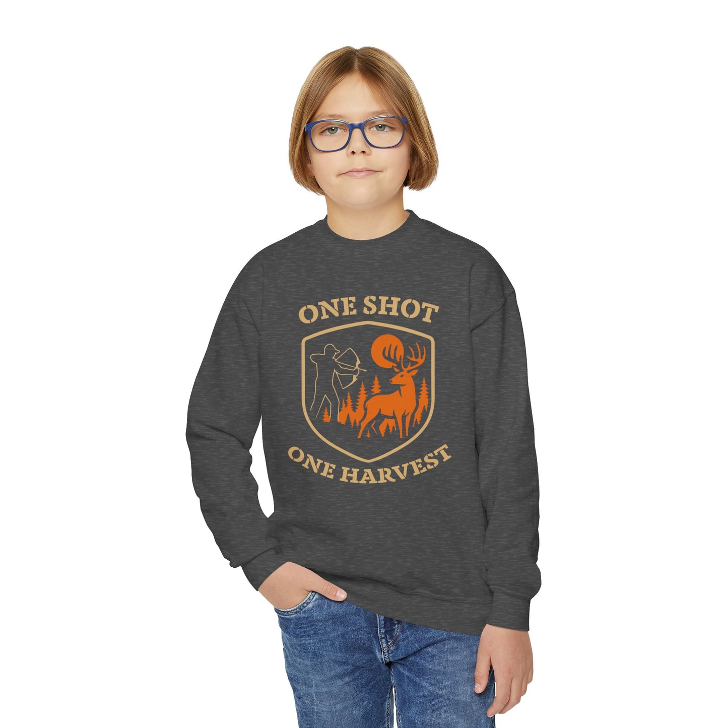 One Shot One Harvest Youth Unisex Sweatshirt | Perfect Gift for Young Hunters, Outdoor Sportswear, Fall and Winter Apparel