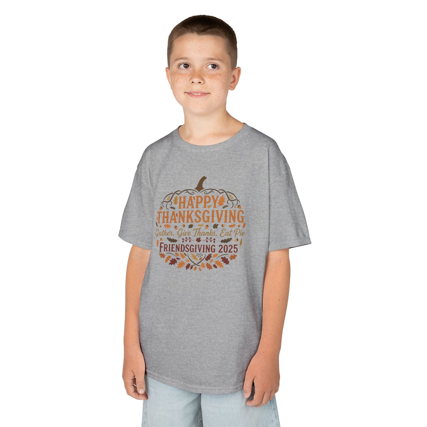 Happy Thanksgiving Friendsgiving 2025 Youth Unisex T-Shirt | Cute Thanksgiving Shirt, Fall Kids Clothing, Pumpkin Graphic Tee