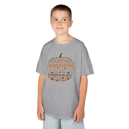 Happy Thanksgiving Friendsgiving 2025 Youth Unisex T-Shirt | Cute Thanksgiving Shirt, Fall Kids Clothing, Pumpkin Graphic Tee