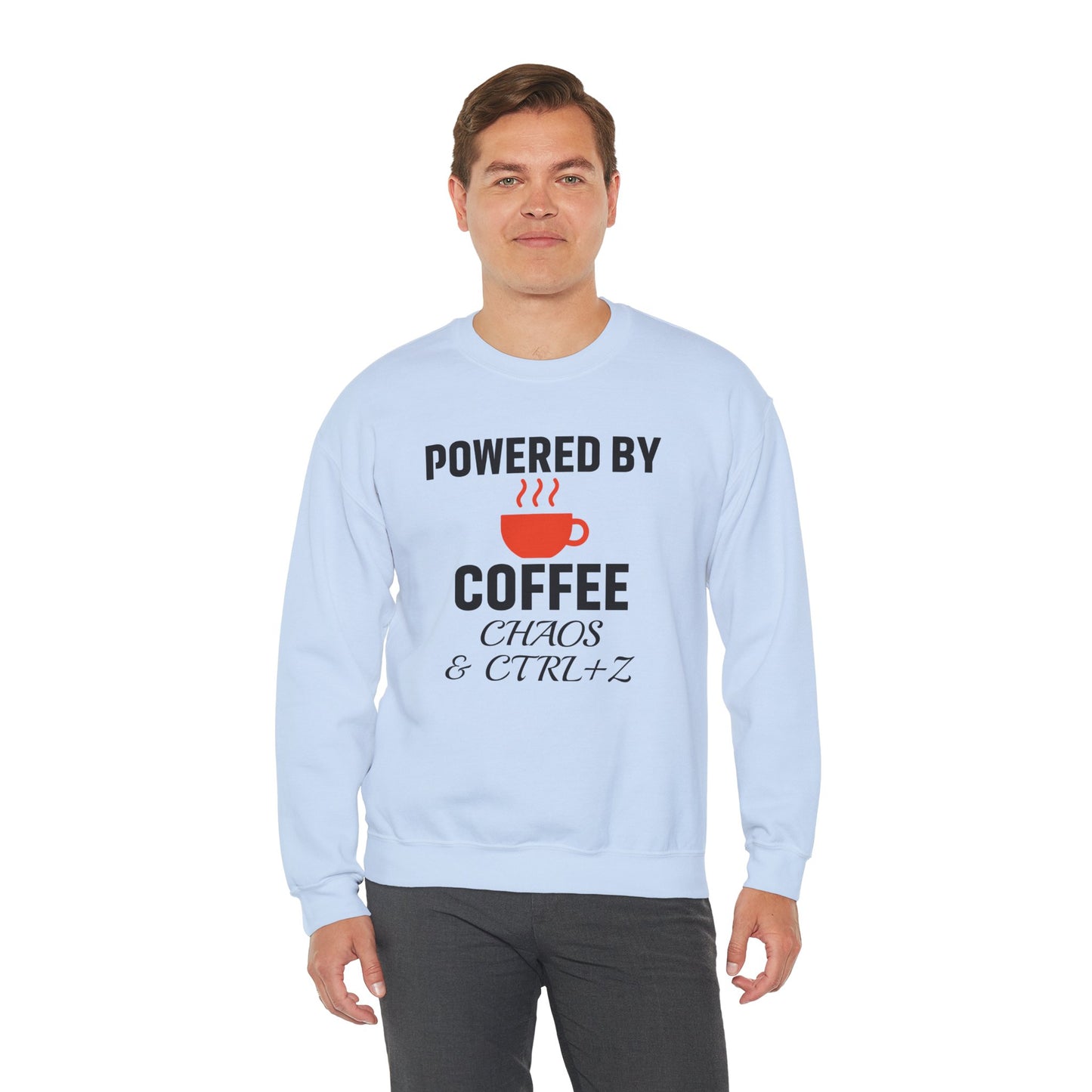Powered By Coffee Chaos And CTRL+Z Unisex Sweatshirt | Cozy Gift for Coffee Lovers, Trendy Casual Wear, Perfect for Office Gift