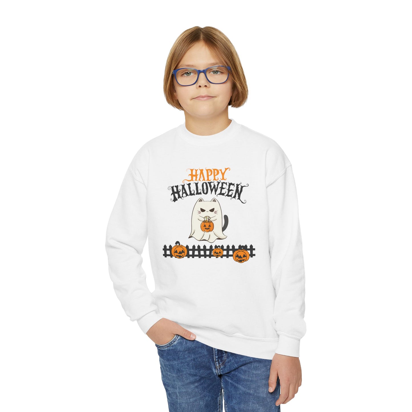 Happy Halloween Youth Sweatshirt, Cozy Kids Crewneck for Halloween, Pumpkin Design, Fall Fashion, Trick or Treat, Children's Sweater