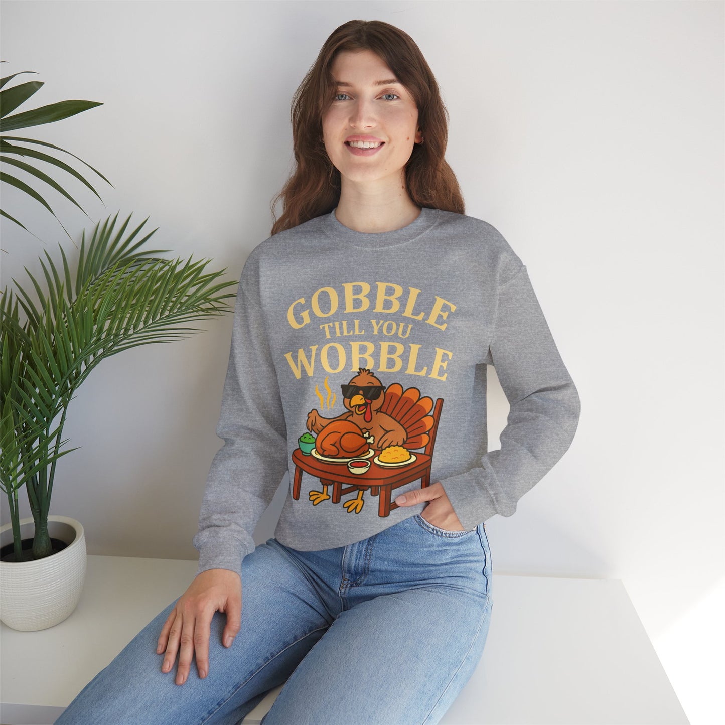 Gobble Till You Wobble Unisex Sweatshirt | Thanksgiving Crewneck, Funny Fall Apparel, Cozy Holiday Gift, Turkey Lover Sweater