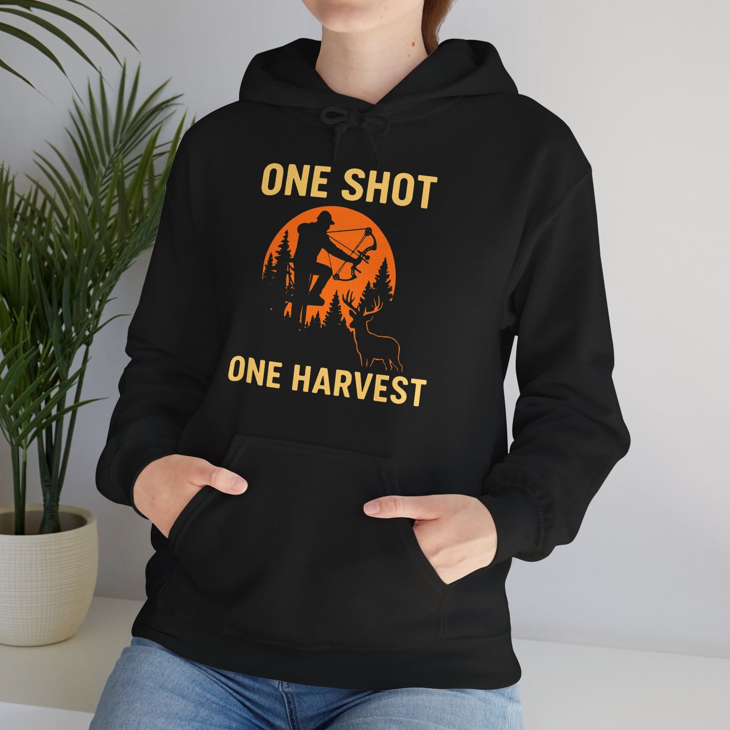 Hunting Theme Unisex Hoodie, One Shot One Harvest, Fall Apparel, Outdoor Gear, Gift for Hunters, Cozy Hoodie