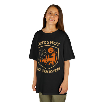 One Shot One Harvest Youth Unisex T-Shirt | Outdoor Adventure Shirt, Gifts for Young Hunters, Nature Lover Apparel