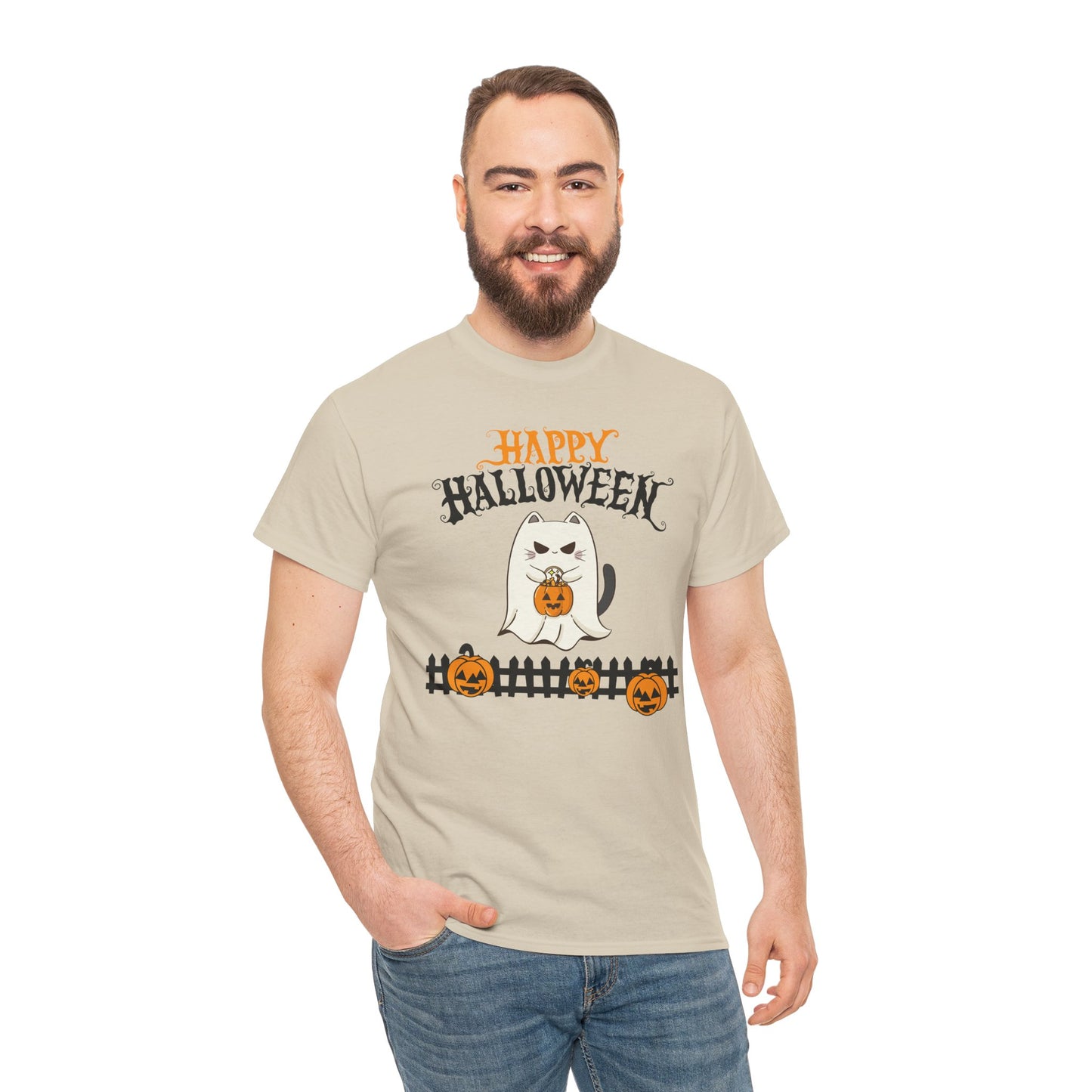 Halloween Cat Heavy Cotton Tee, Unisex, Spooky Fall Apparel, Cat Lover Shirt