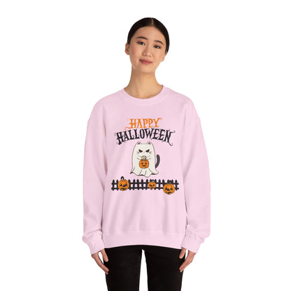 Halloween Cat Crewneck Sweatshirt, Cozy Fall Style, Unisex, Pumpkins, Cute Cat