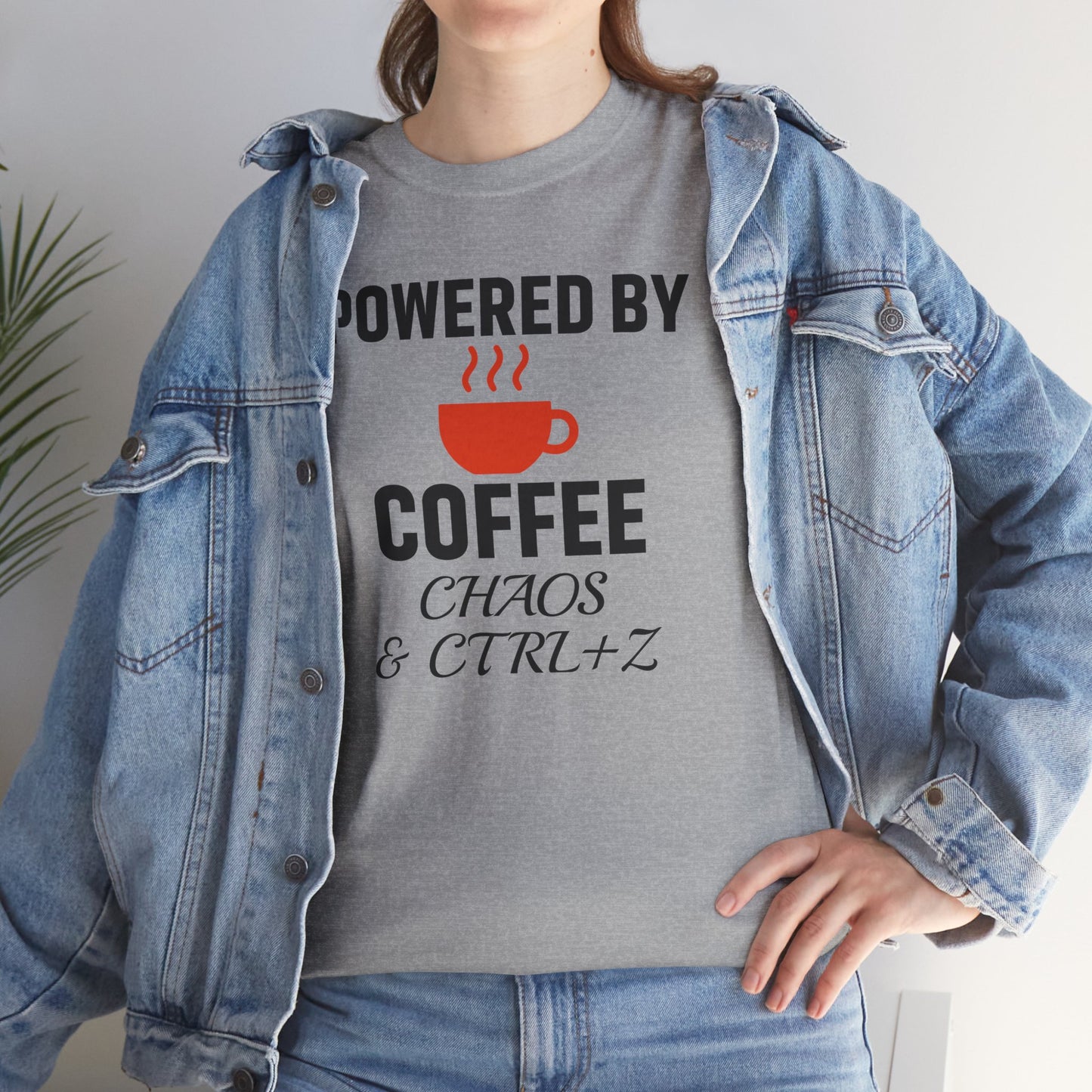 Powered By Coffee Chaos And CTRL+Z Unisex T-Shirt | Funny Coffee Lover Shirt, Perfect Office Gift, Casual Wear, Everyday Humor