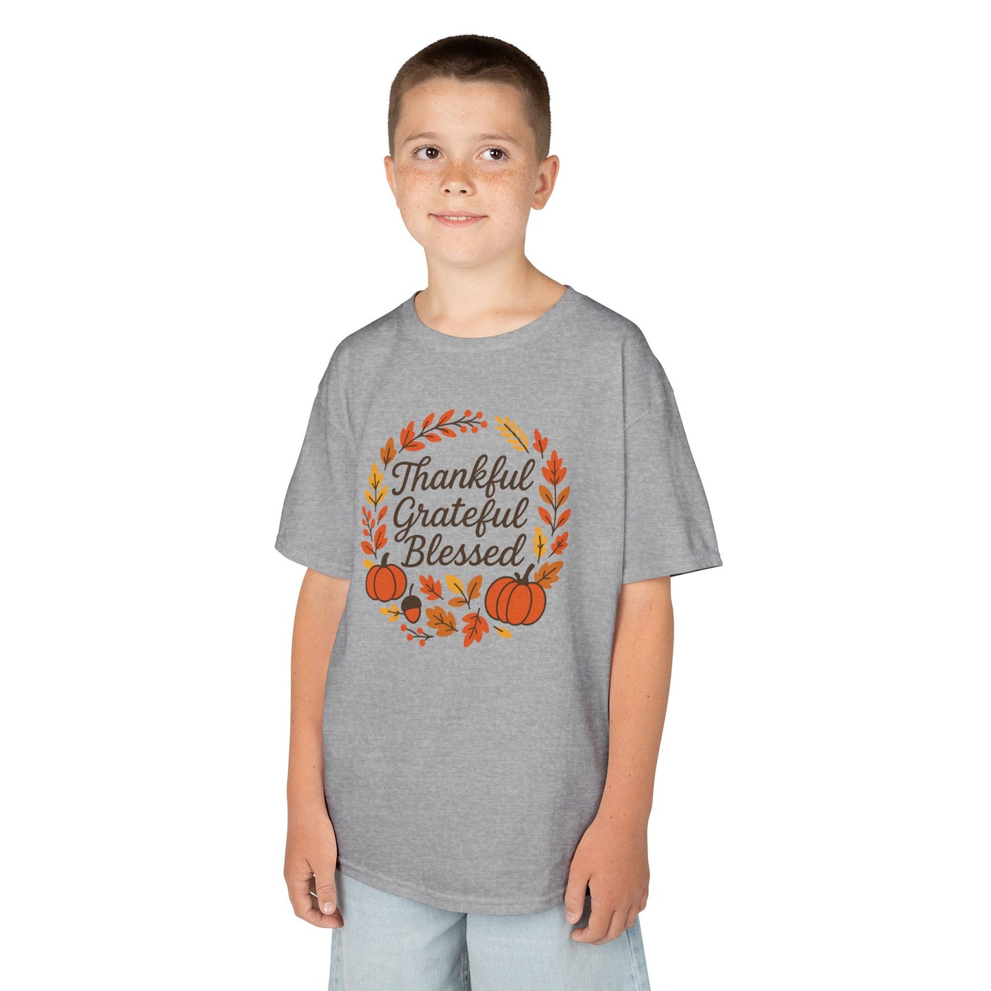 Thankful Grateful Blessed Youth Unisex T-Shirt | Thanksgiving Tee, Kids Autumn Apparel, Pumpkin Graphic Shirt, Seasonal Kids Clothing