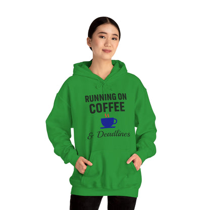 Running On Coffee And Deadlines Unisex Hoodie | Funny Work Apparel, Office Gift, Daily Coffee Humor