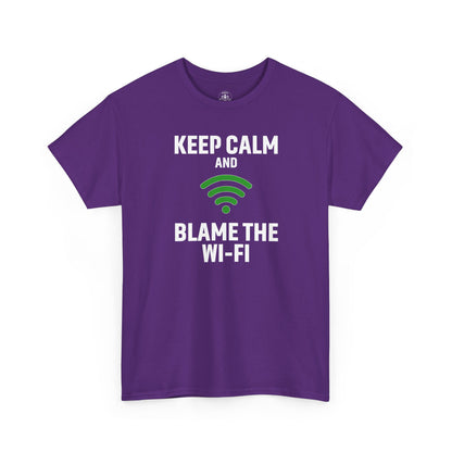 Keep Calm Blame the Wi-Fi Tee, Funny Unisex Heavy Cotton Tee, Perfect for Tech Lovers, Office Gifts, Internet Humor Shirt