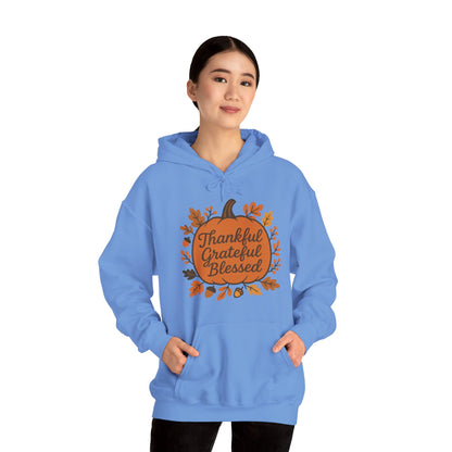 Thankful Grateful Blessed Unisex Hoodie | Cozy Fall Sweatshirt, Autumn Apparel, Thanksgiving Gift, Seasonal Comfort