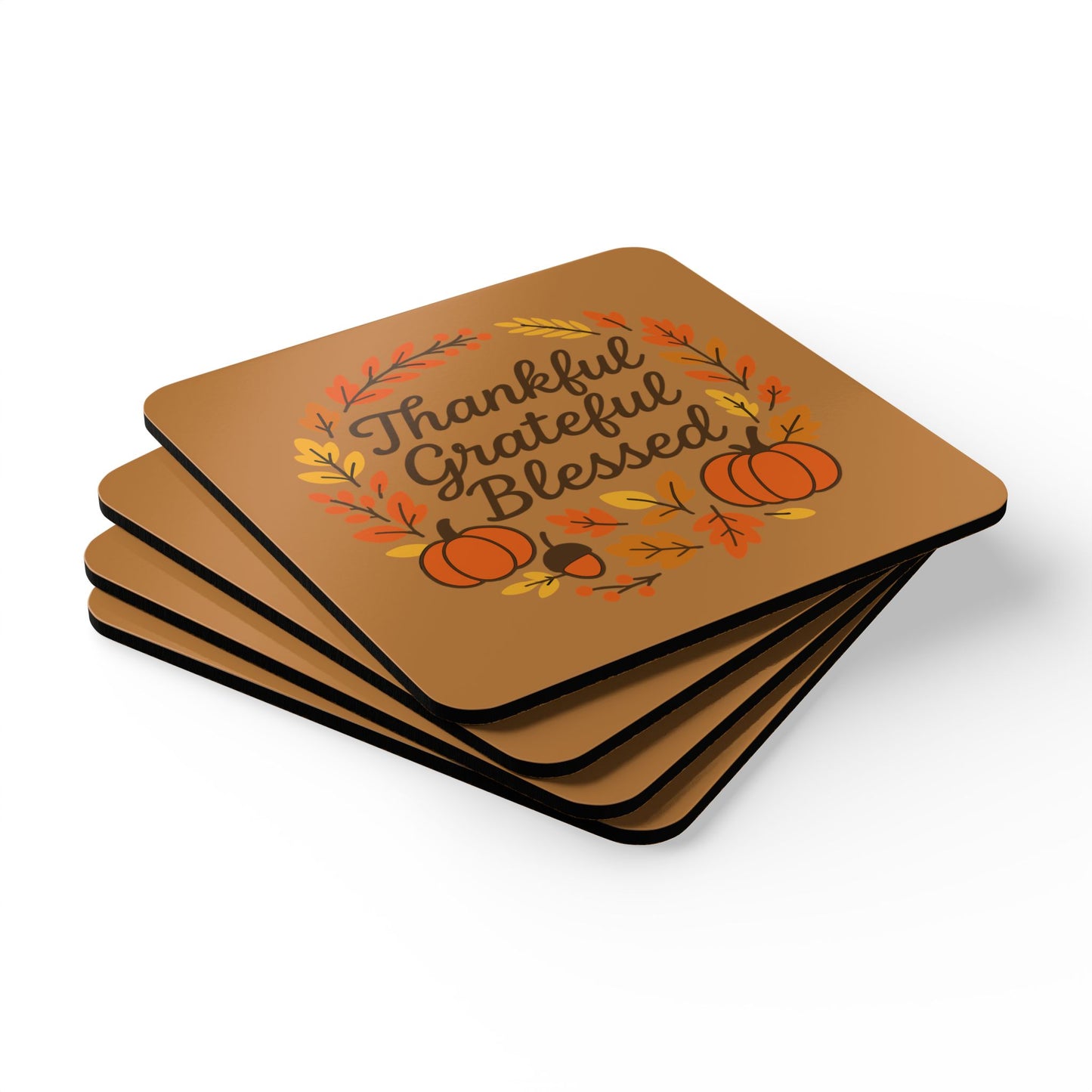 Thankful Grateful Blessed Corkwood Coaster Set | Thanksgiving Decor, Rustic Kitchen Decor, Fall Coasters, Home Gifts