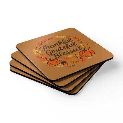 Thankful Grateful Blessed Corkwood Coaster Set | Thanksgiving Decor, Rustic Kitchen Decor, Fall Coasters, Home Gifts