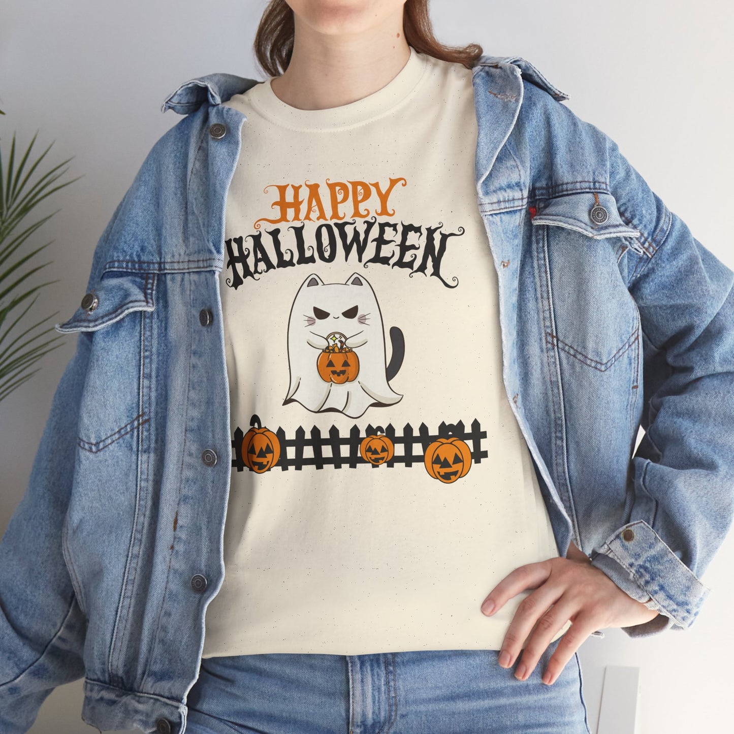 Halloween Cat Heavy Cotton Tee, Unisex, Spooky Fall Apparel, Cat Lover Shirt