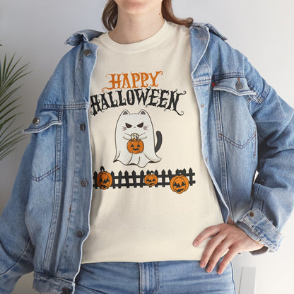 Halloween Cat Heavy Cotton Tee, Unisex, Spooky Fall Apparel, Cat Lover Shirt