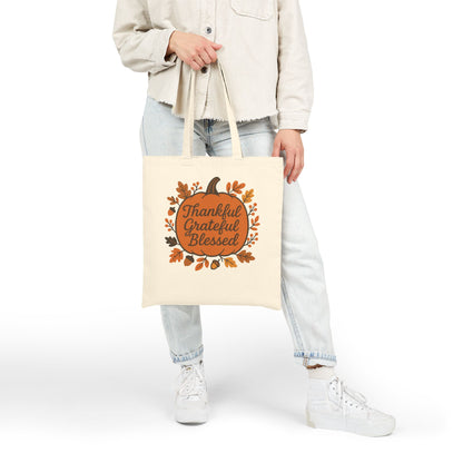 Thankful Grateful Blessed Cotton Canvas Tote Bag, Fall Tote, Autumn Gift, Thanksgiving Shopping Bag, Eco-Friendly Reusable Bag