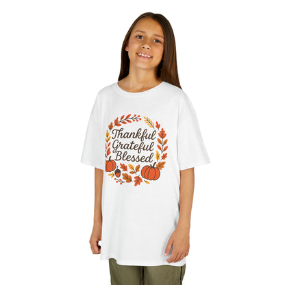 Thankful Grateful Blessed Youth Unisex T-Shirt | Thanksgiving Tee, Kids Autumn Apparel, Pumpkin Graphic Shirt, Seasonal Kids Clothing