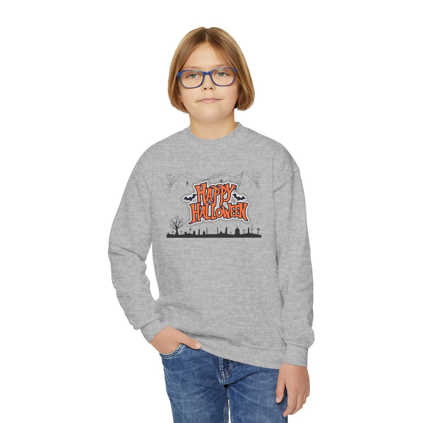 Happy Halloween Youth Crewneck Sweatshirt, Halloween Sweatshirt, Kids Halloween Apparel, Cozy Halloween Top, Halloween Gift for Kids
