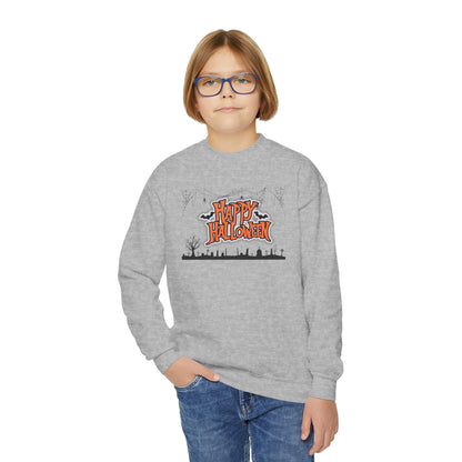 Happy Halloween Youth Crewneck Sweatshirt, Halloween Sweatshirt, Kids Halloween Apparel, Cozy Halloween Top, Halloween Gift for Kids