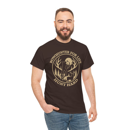 Unisex Heavy Cotton Tee featuring 'Bowhunter for Life - Hunt Hard' Graphic, Perfect for Hunters, Outdoor Enthusiasts