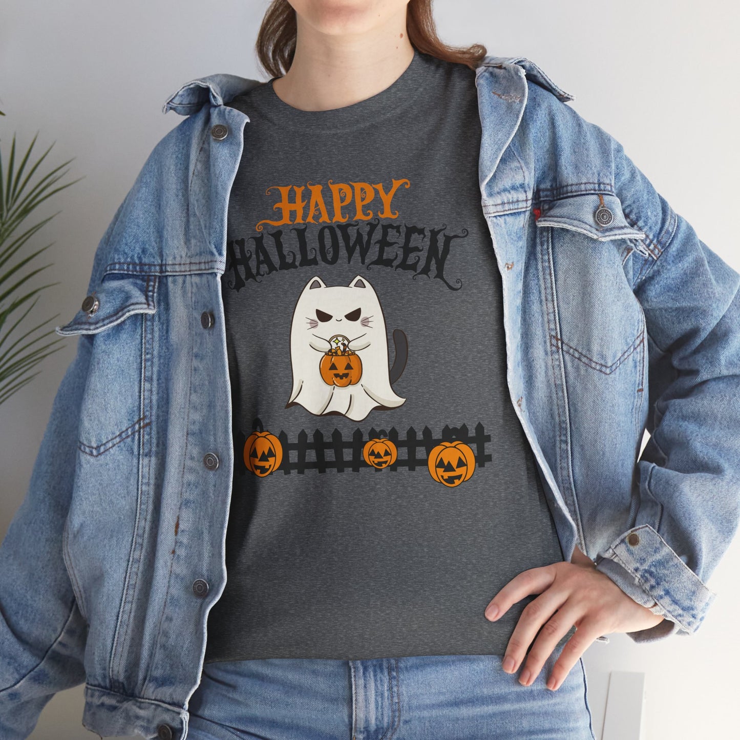 Halloween Cat Heavy Cotton Tee, Unisex, Spooky Fall Apparel, Cat Lover Shirt