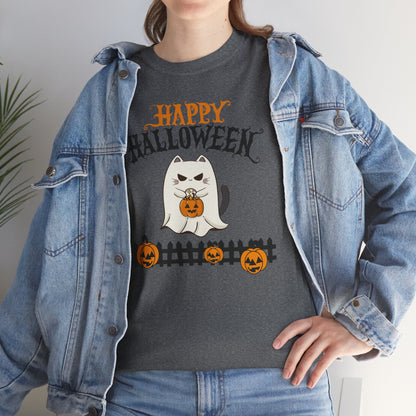 Halloween Cat Heavy Cotton Tee, Unisex, Spooky Fall Apparel, Cat Lover Shirt