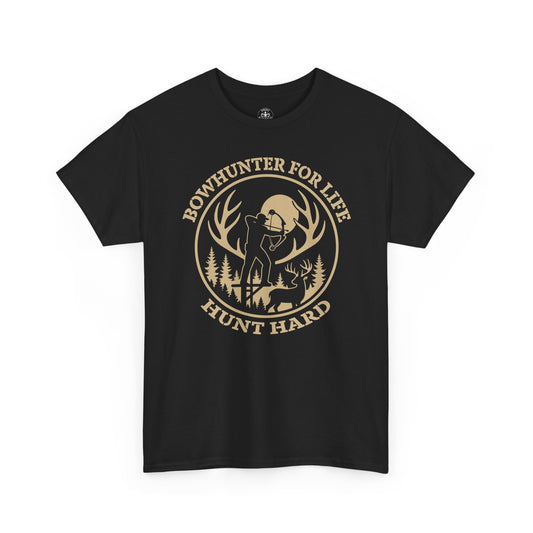 Unisex Heavy Cotton Tee featuring 'Bowhunter for Life - Hunt Hard' Graphic, Perfect for Hunters, Outdoor Enthusiasts