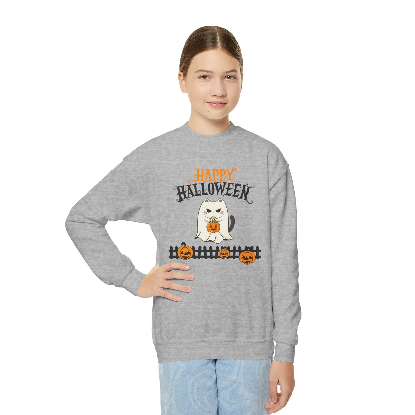 Happy Halloween Youth Sweatshirt, Cozy Kids Crewneck for Halloween, Pumpkin Design, Fall Fashion, Trick or Treat, Children's Sweater