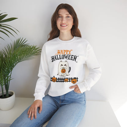 Halloween Cat Crewneck Sweatshirt, Cozy Fall Style, Unisex, Pumpkins, Cute Cat
