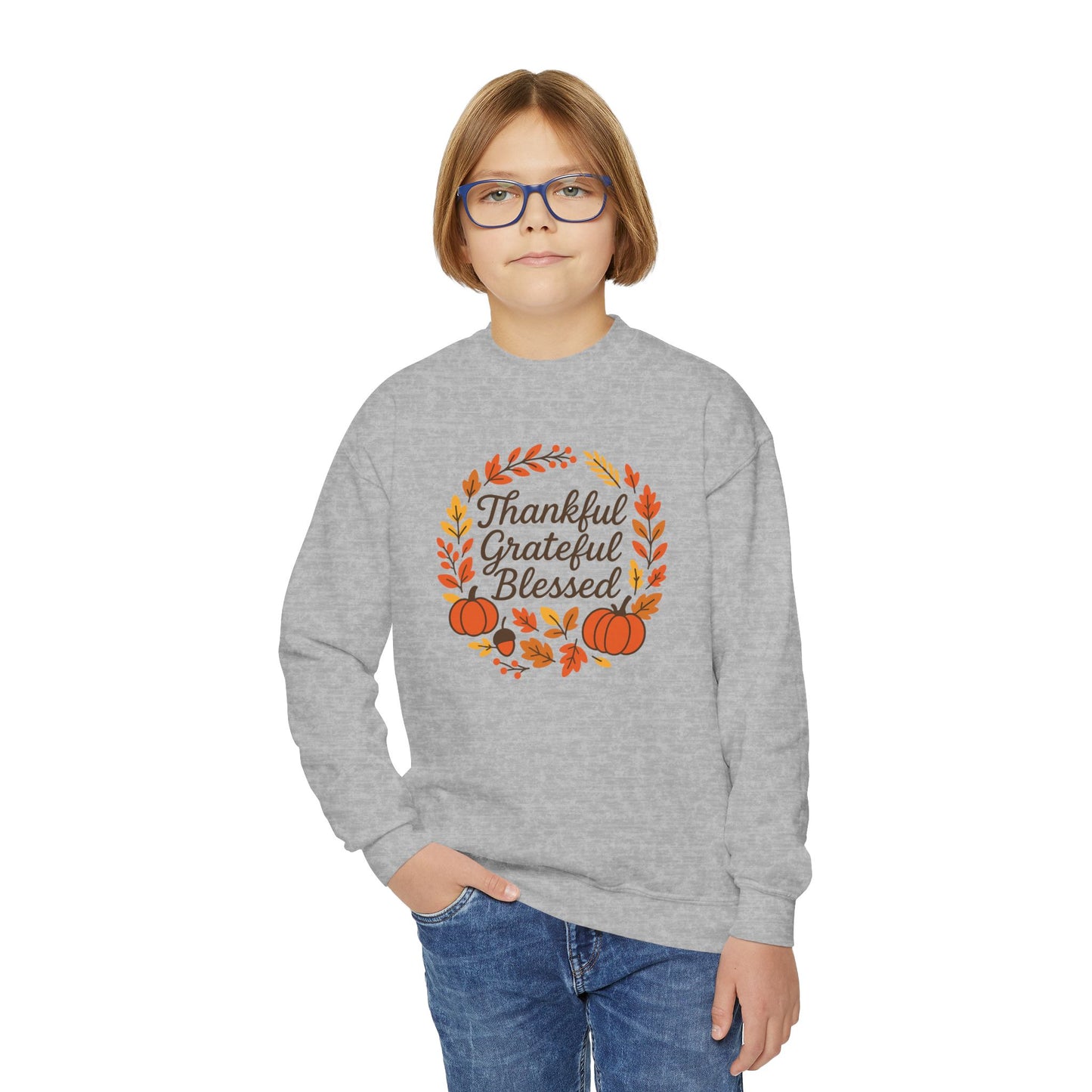 Thankful Grateful Blessed Youth Unisex Sweatshirt | Thanksgiving Gift, Cozy Autumn Apparel, Cute Kids Sweatshirt