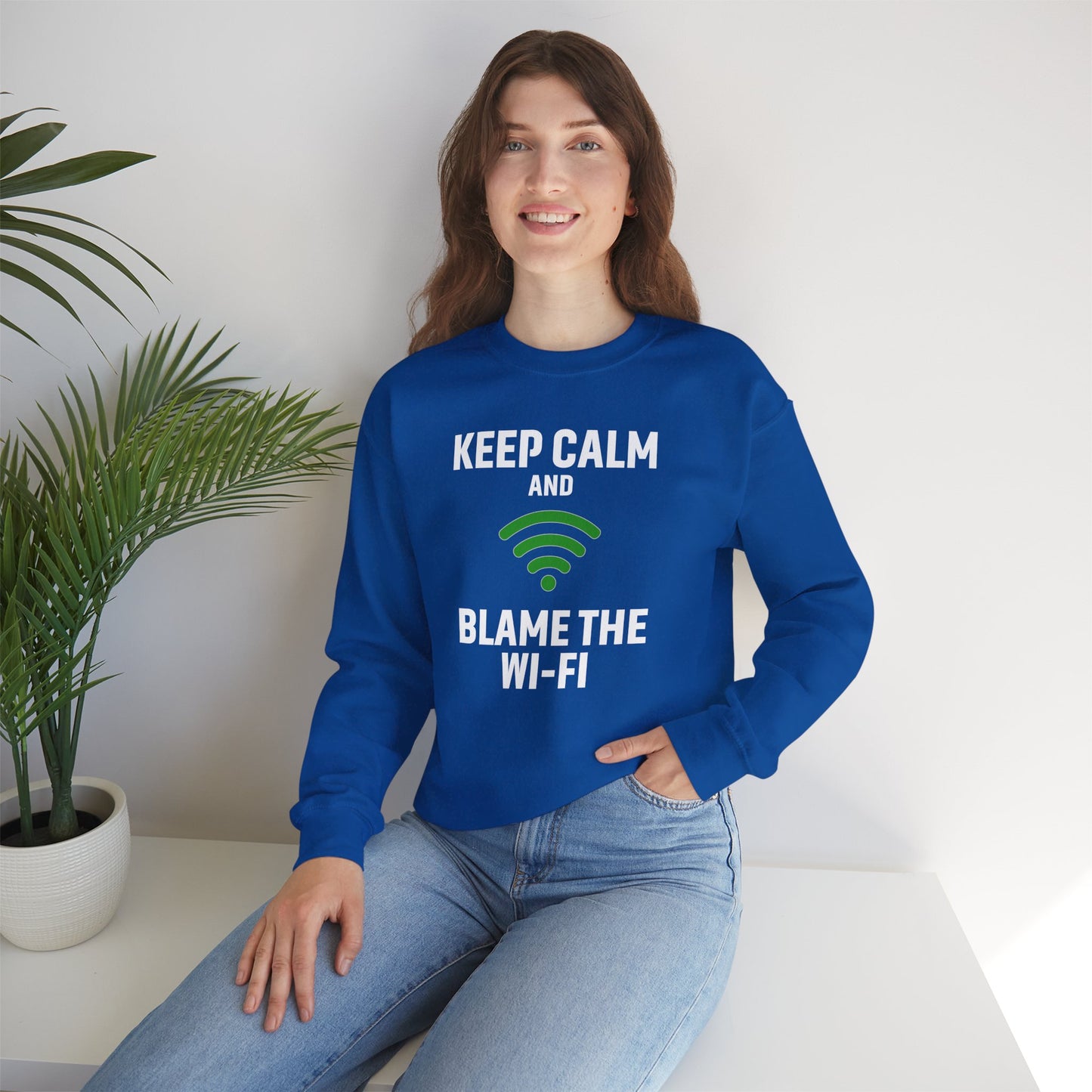Keep Calm Blame the Wi-Fi Crewneck Sweatshirt | Funny Sweatshirt, Gift for Tech Lovers, Cozy Sweater for Home, Office Gift