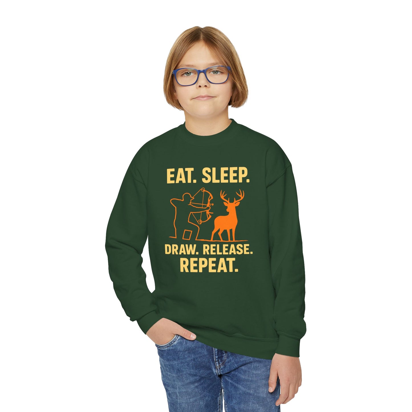 Eat Sleep Draw Release Repeat Youth Unisex Sweatshirt | Cute Hunter Sweatshirt, Gift for Nature Lovers, Outdoor Adventure Apparel