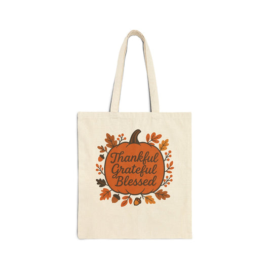 Thankful Grateful Blessed Cotton Canvas Tote Bag, Fall Tote, Autumn Gift, Thanksgiving Shopping Bag, Eco-Friendly Reusable Bag