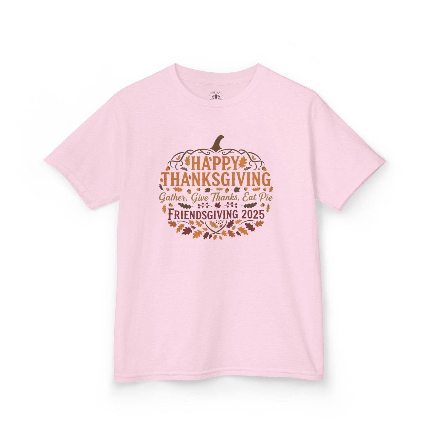 Happy Thanksgiving Friendsgiving 2025 Youth Unisex T-Shirt | Cute Thanksgiving Shirt, Fall Kids Clothing, Pumpkin Graphic Tee