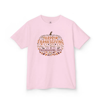 Happy Thanksgiving Friendsgiving 2025 Youth Unisex T-Shirt | Cute Thanksgiving Shirt, Fall Kids Clothing, Pumpkin Graphic Tee